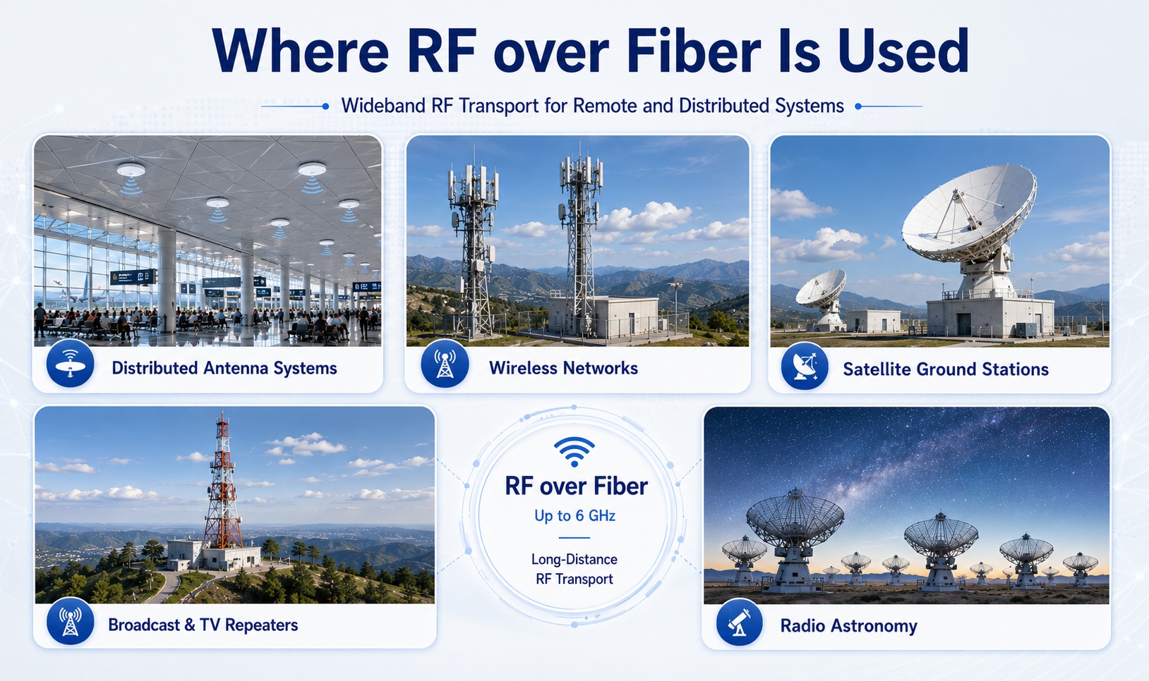 RF over Fiber (RFoF) applications for long-distance RF signal transport up to 6 GHz, including distributed antenna systems (DAS), wireless networks, satellite ground stations, broadcast and TV repeaters, and radio astronomy observatories. RF over Fiber (RFoF) applications for long-distance RF signal transport up to 6 GHz, including distributed antenna systems (DAS), wireless networks, satellite ground stations, broadcast and TV repeaters, and radio astronomy observatories.